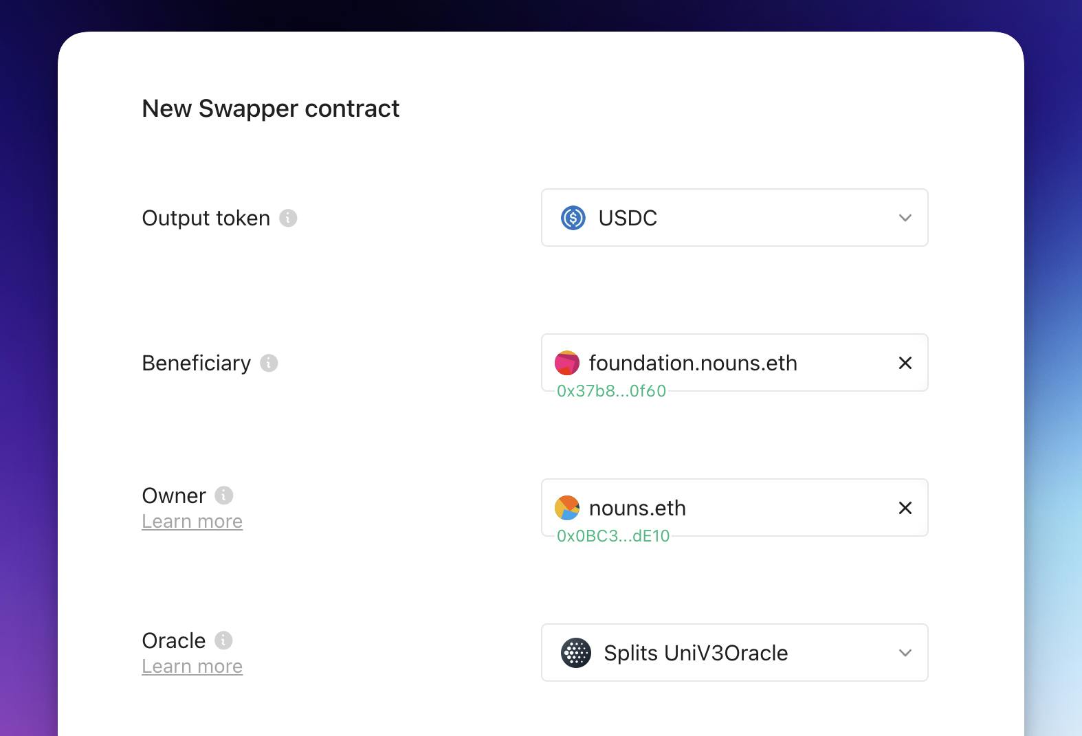 Each Swapper has an output token, a beneficiary, an (optional) owner, and an oracle